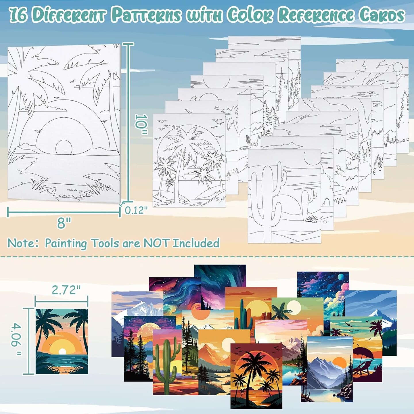16-Pack 8x10 in Pre Drawn Canvas Painting Kit for Kids & Adults – Sip & Paint Party Supplies, Pre-Printed DIY Art Canvases for Girls’ Night, Date Night, and Painting Parties