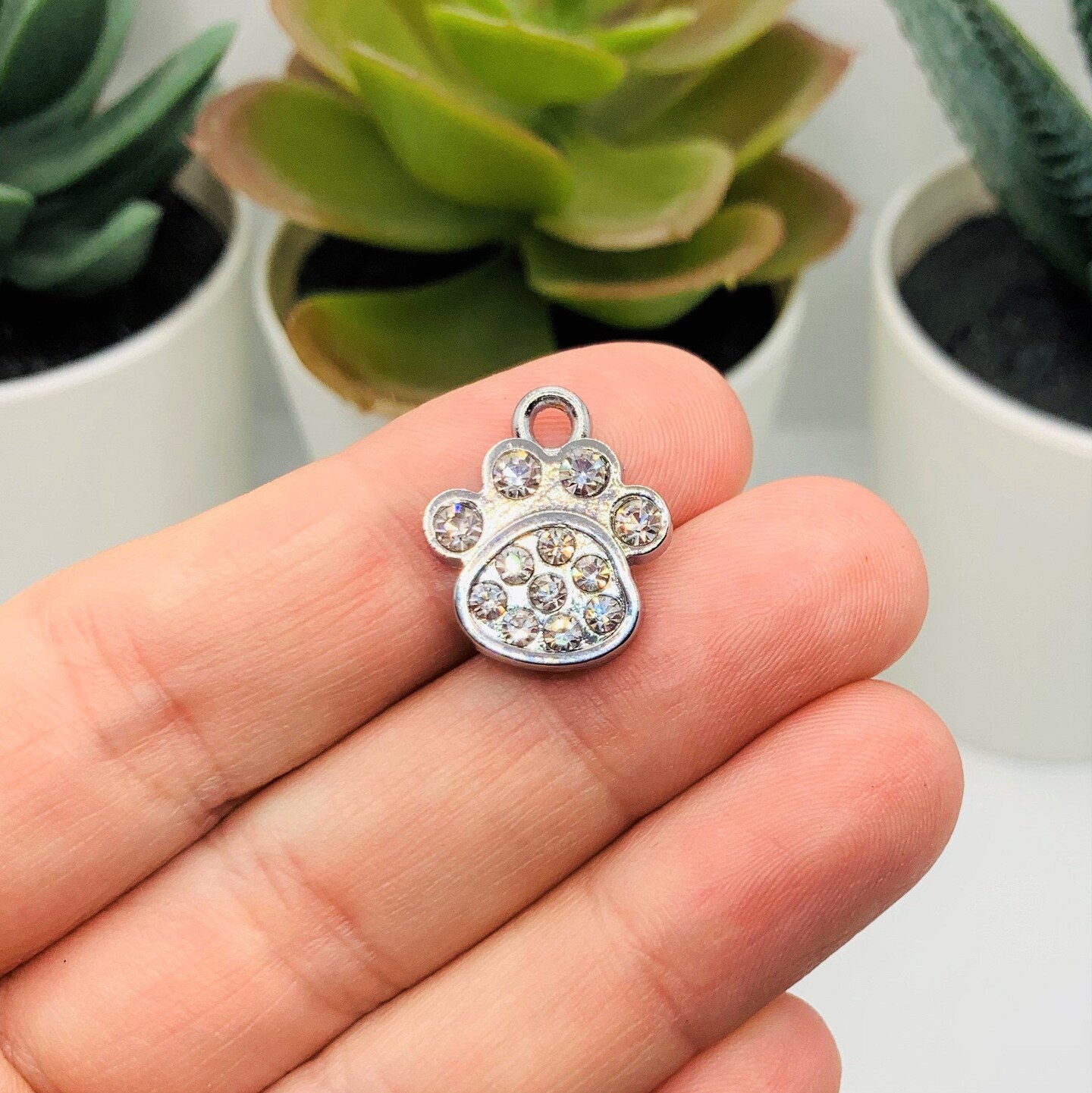 Diamond Rhinestones and Silver Dog / Cat Paw Charms, 18x16mm