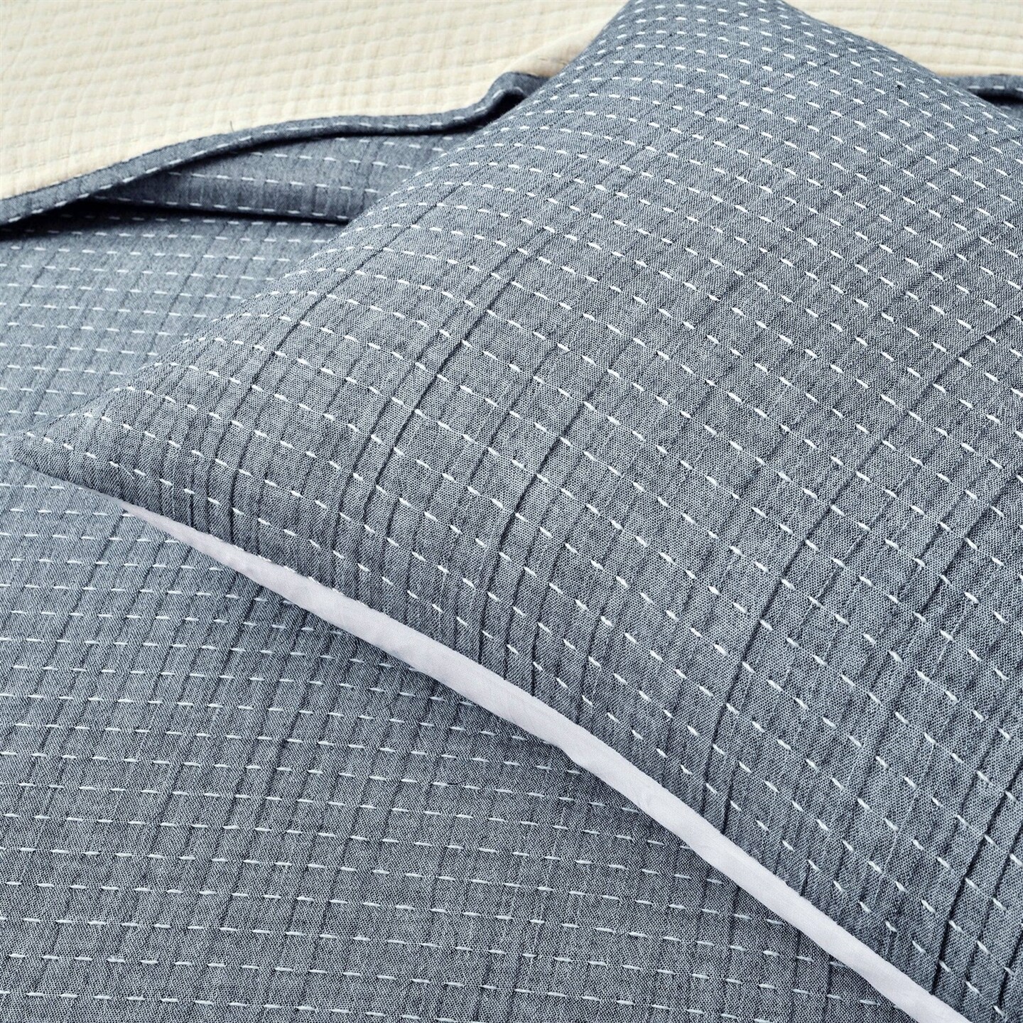 3-Piece Cotton Yarn Dyed Woven Quilt Coverlet Set with Pick Stitch Texture and Reversible Bedding