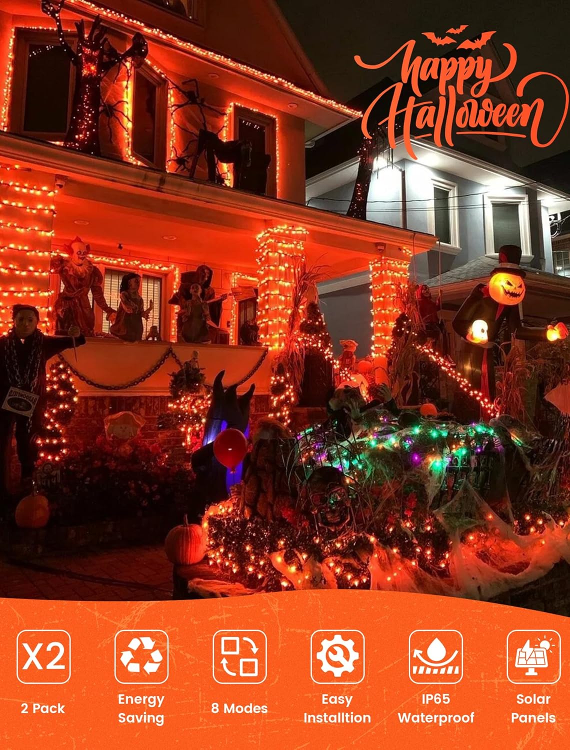 2 Pack 33ft Orange Solar Fairy Lights – 100 LED Outdoor String Lights for Halloween, Thanksgiving, Christmas & Yard Decor (Orange,2pcs)