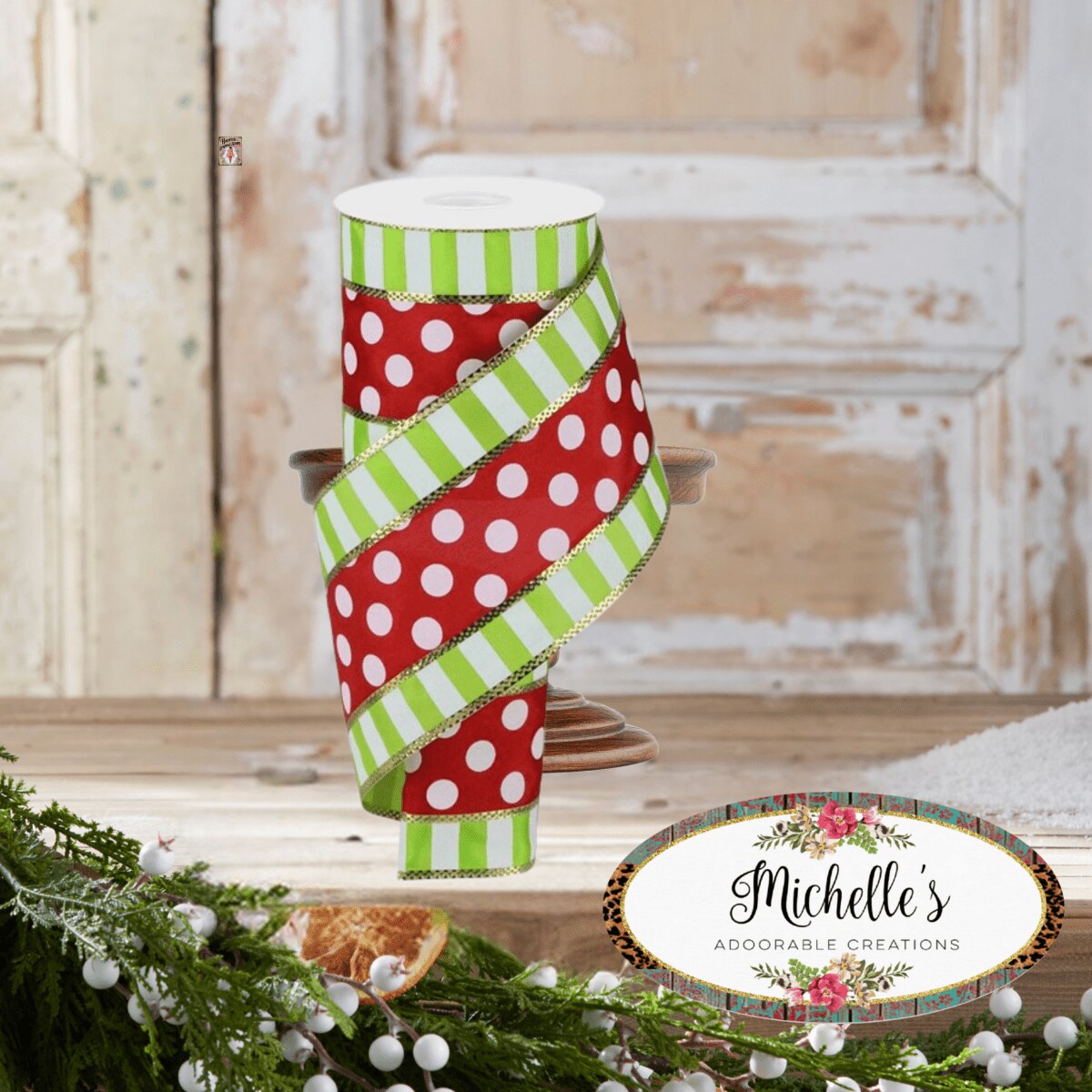 4&#x22; Striped Edge Polka Dot Ribbon: Red, Lime &#x26; White (10 Yards)