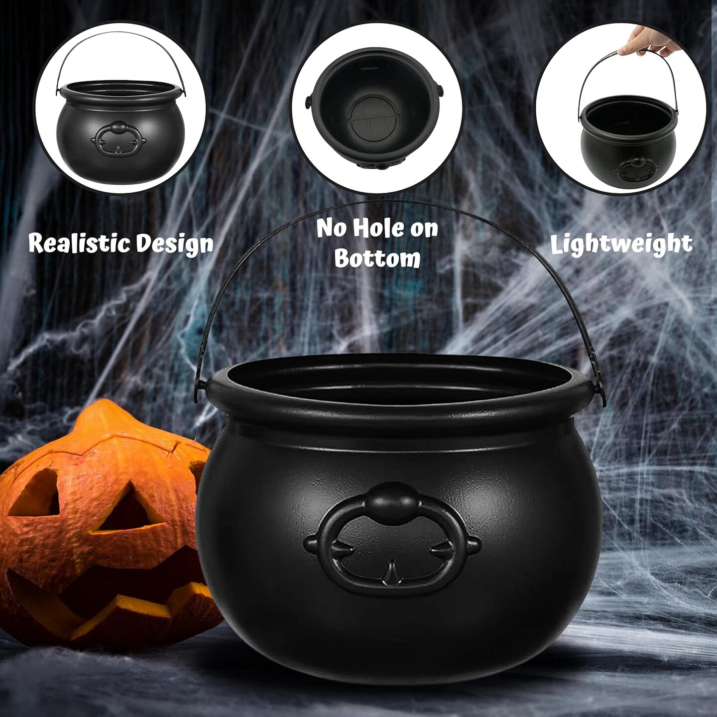 4E&#x2019;s Novelty 7.5&#x22; Black Plastic Cauldron Candy Bowl &#x2013; Large Halloween Witch Pot Bucket for Trick or Treat, Party Table Centerpiece, St. Patrick&#x2019;s Day Pot of Gold, Leprechaun Decor, Wizard Accessory