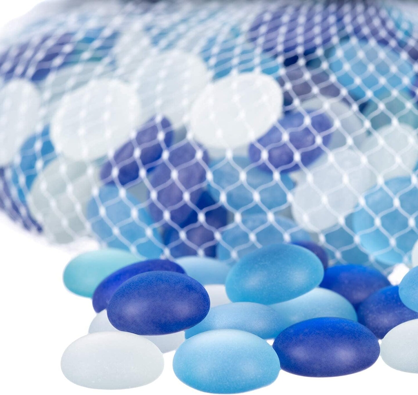 Flat Marbles Vase Filler - 0.68 Lb (70 pcs) Aqua White & Cobalt Glass Pebbles Vases - Clear Glass Stones for Vases - Flat Glass Marble for craft and Home décor - Aquarium Glass Marble filler
