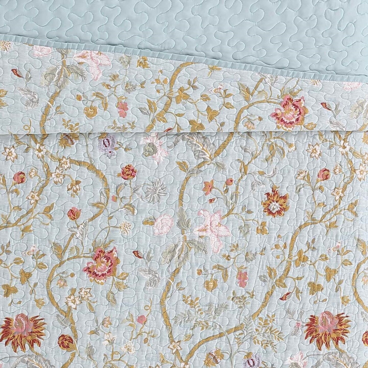 Blue Teal Cotton Reversible Quilt Set with Floral Vine Pattern and Machine Washable