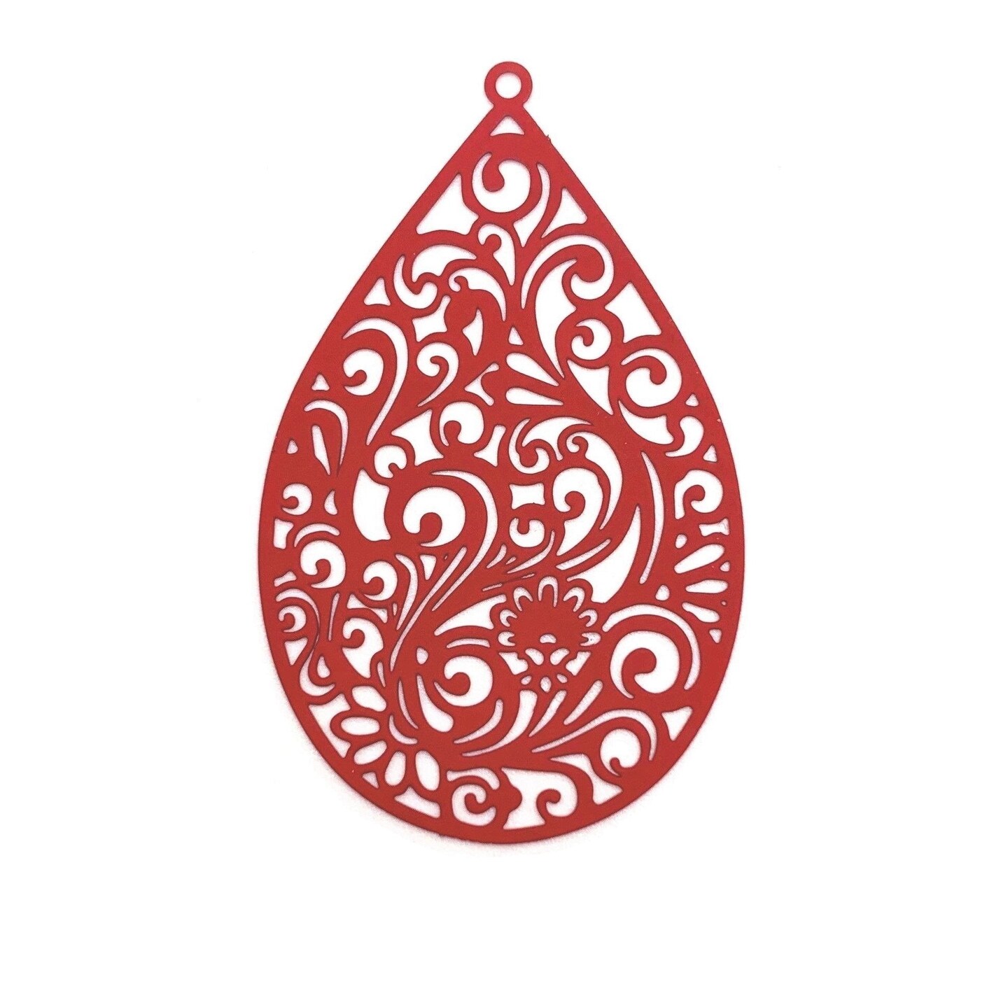 Large Red Filigree Teardrop Pendants, 55x34mm