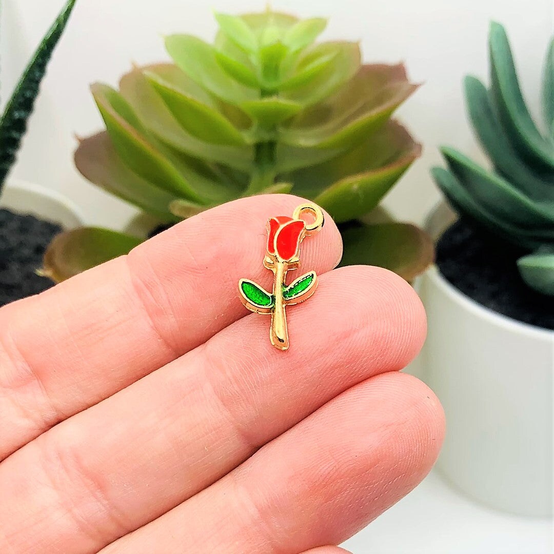 Red Enamel Rose Charms, 19x9mm