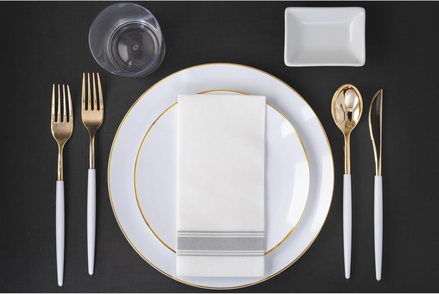 Trendables Disposable Silverware Set - Wedding Plastic Cutlery Dinnerware - Includes two toned Forks, Plastic Spoons, two colored Knives - reflective Plastic Utensils Party Set