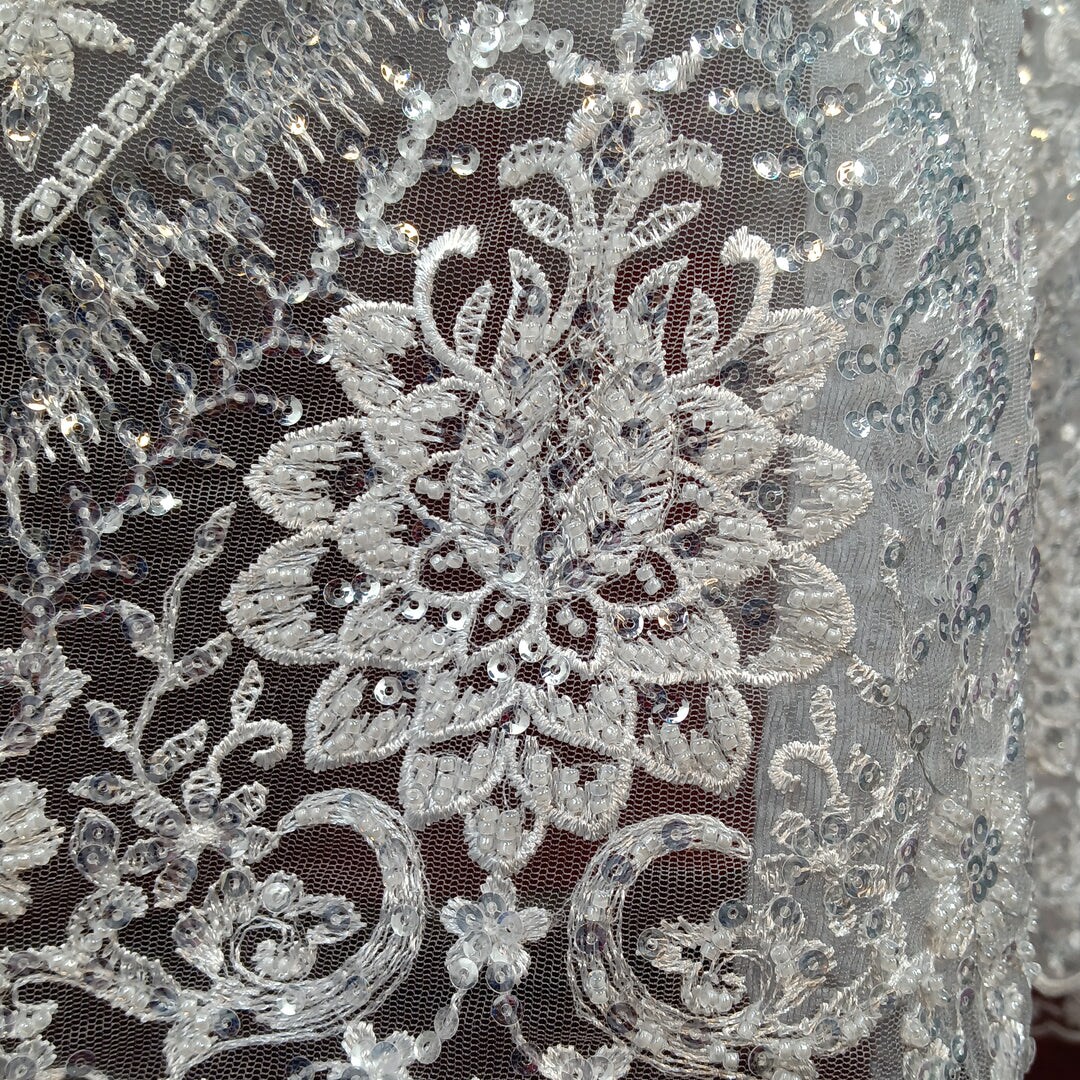 1 Yard Gold Beaded & Sequined Embroidered Lace Fabric on 100% Polyester Mesh, 52" Width