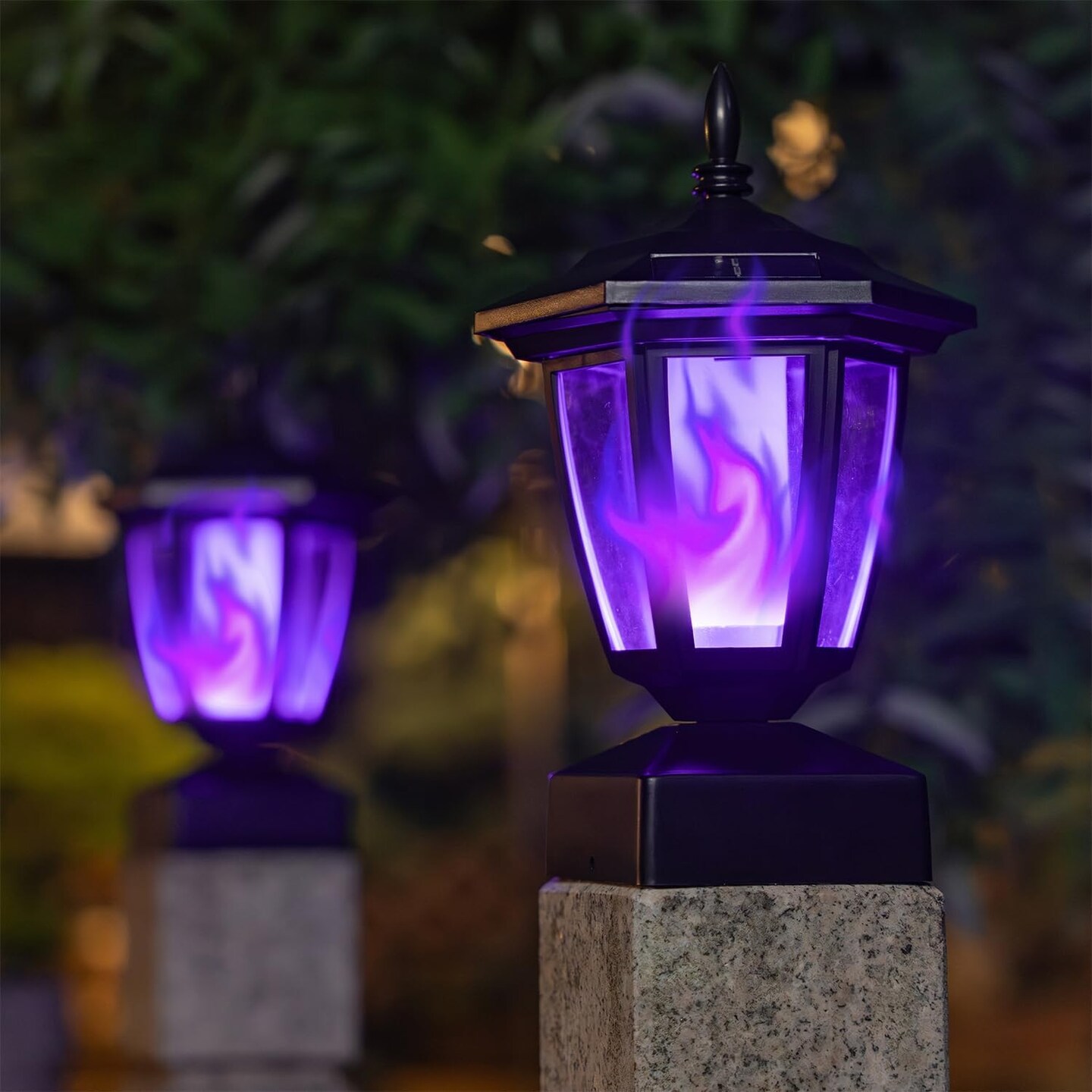 2 Pack - Solar Flame Post Cap Lights Outdoor, Halloween Flickering Purple Flame
