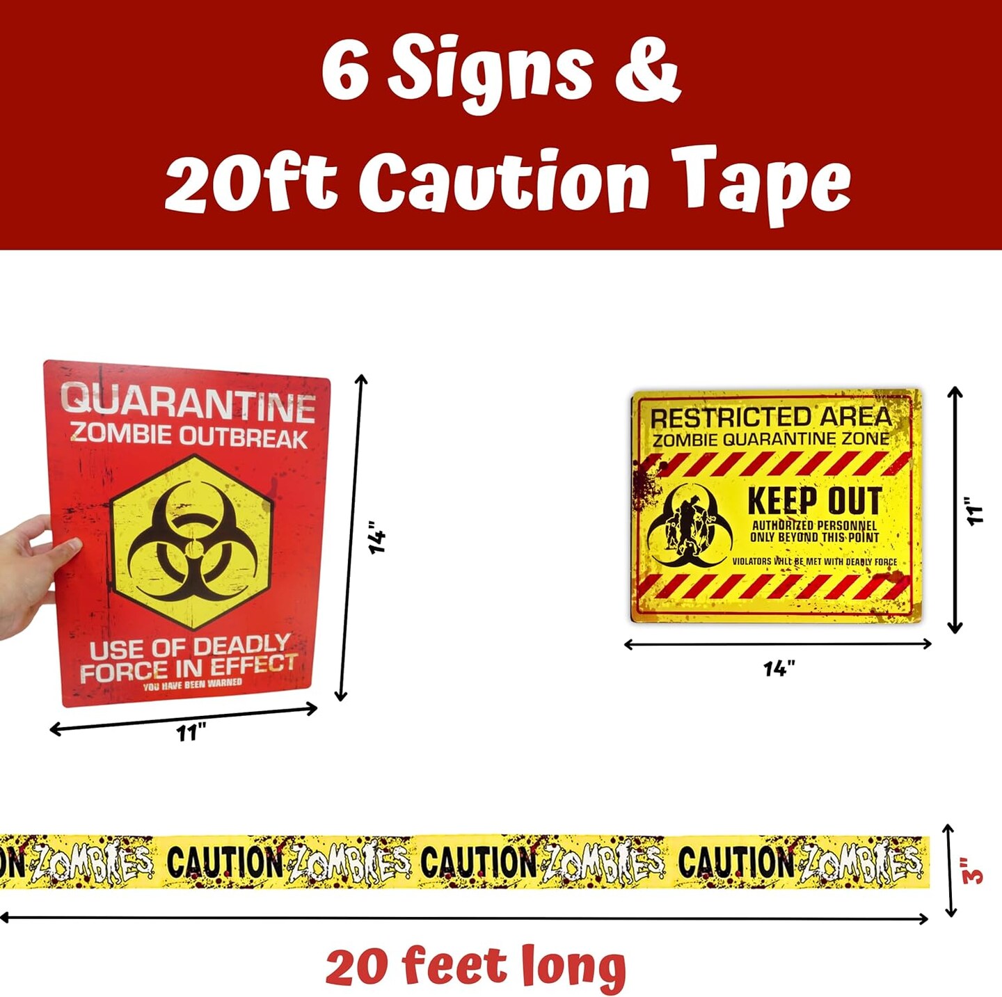 4E's Novelty Halloween Zombie Warning Signs with 20ft Caution Tape – 6 Pack 11x14 Creepy Posters for Indoor Outdoor Haunted House, Graveyard, Front Yard, Door, Wall, Garden, Balcony Party Decor
