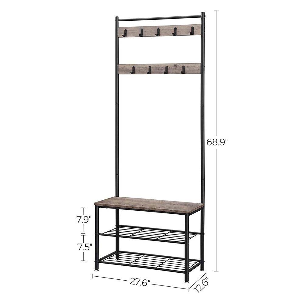Greige Modern Entryway Coat Rack with Shoe Storage Bench 9 Hooks and Black Steel Frame