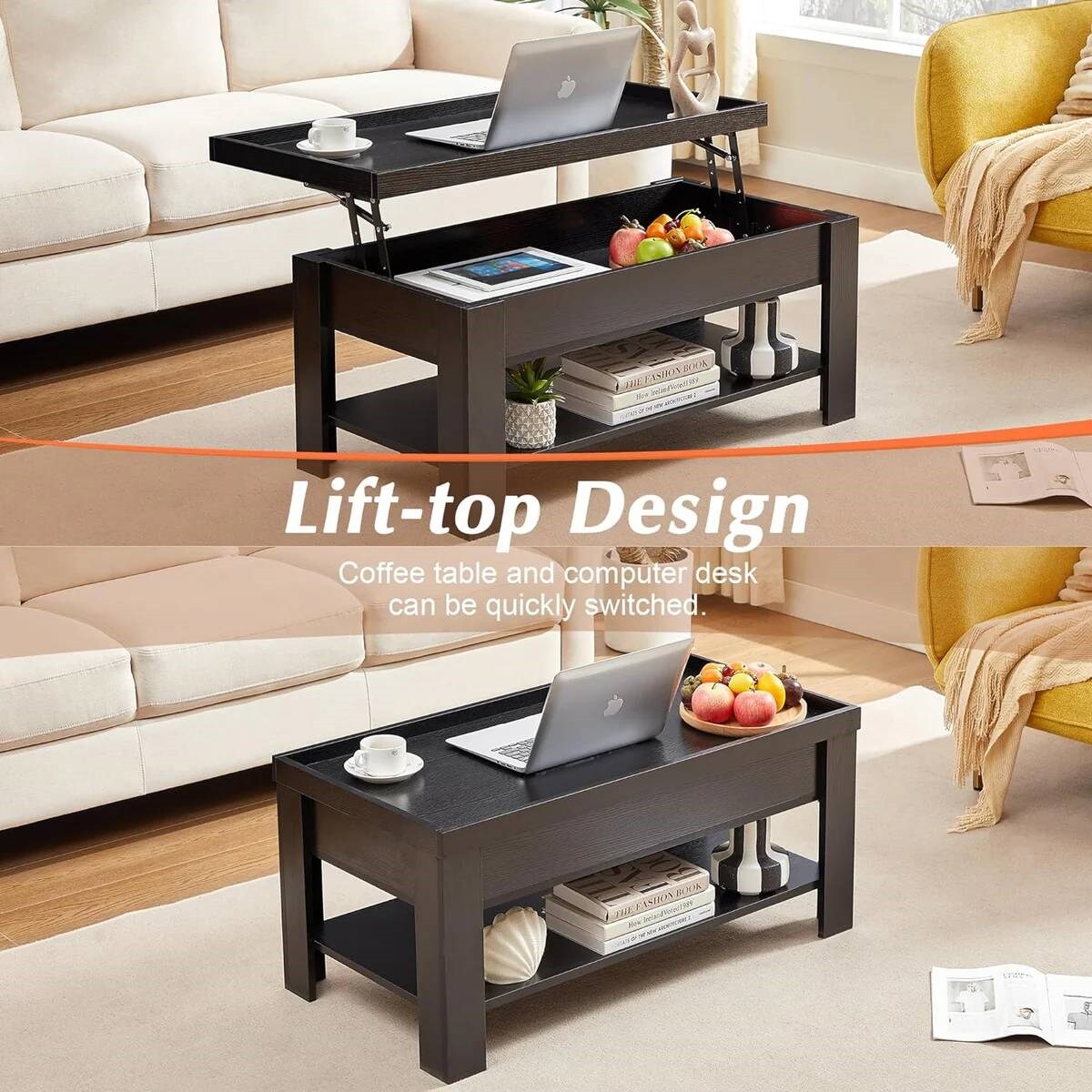 Modern Adjustable Lift Top Coffee Table with Hidden Storage Shelf for Living Room and Office