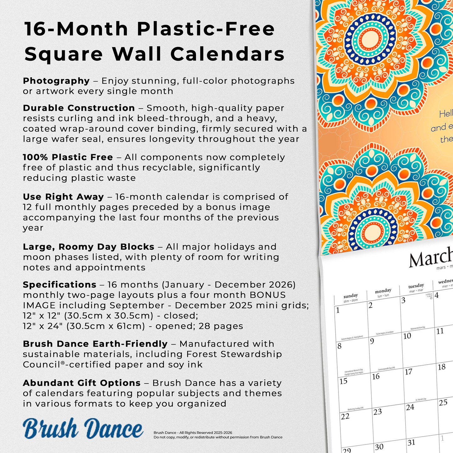 Enlightened Rumi | 2026 12 x 24 Inch (Hanging) Monthly Square Wall Calendar | Plastic-Free
