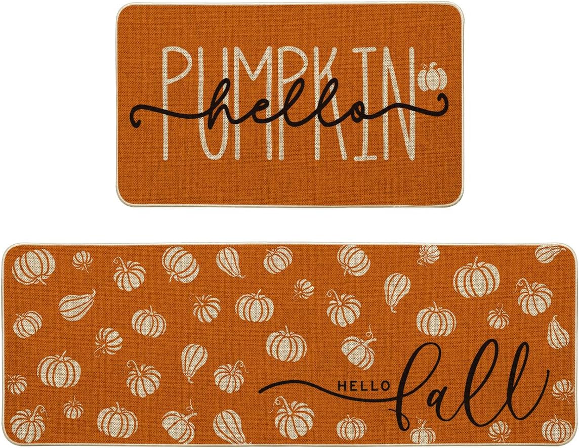 Orange Hello Pumpkin Fall Kitchen Mats Set of 2, Autumn Home Decor Low-Profile Kitchen Rugs for Floor - 17x29 and 17x47 Inch