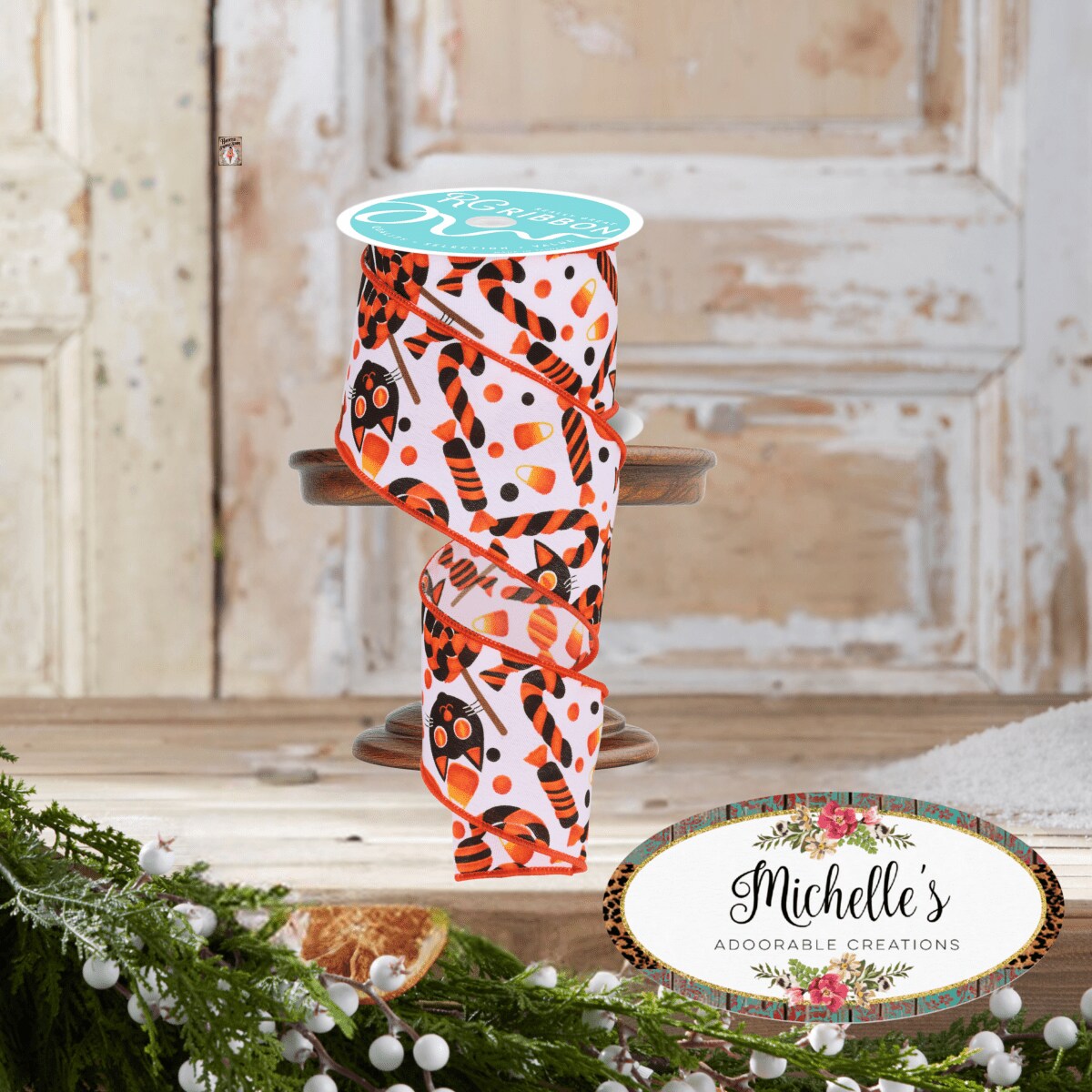 2.5&#x22; Pumpkin Cat Candy Ribbon: White (10 Yards)