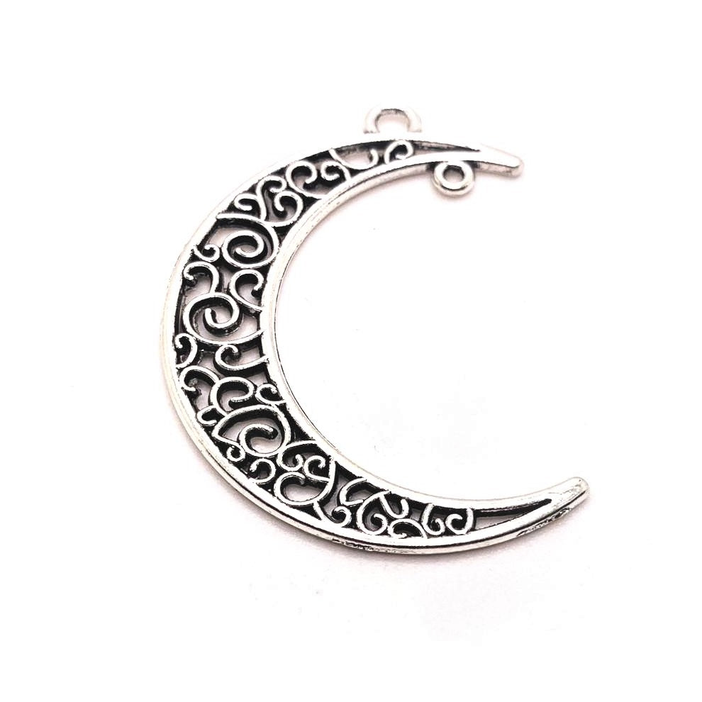 Silver Crescent Moon Double Hoop Charms, 41x36mm