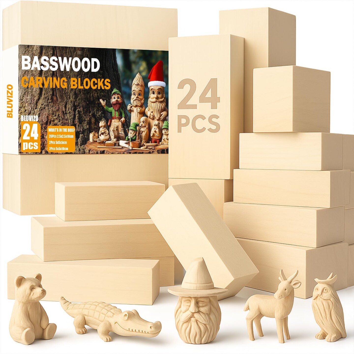 Carving Blocks 24PCS – Whittling Wood Blocks Wood Carving Kit with 3 Sizes | Soft Basswood Blanks for Crafts, Whittling, Beginners, Kids & Adults