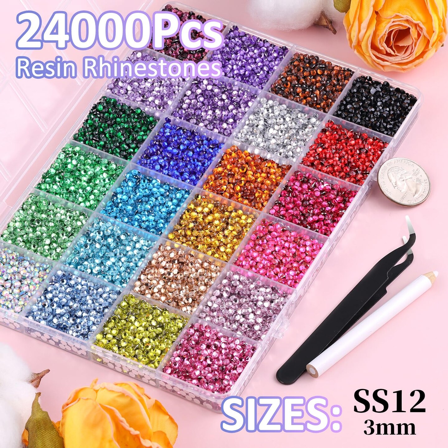24000Pcs 3mm Resin Rhinestones with B7000 Glue & Tweezers – Multicolor Craft Gems