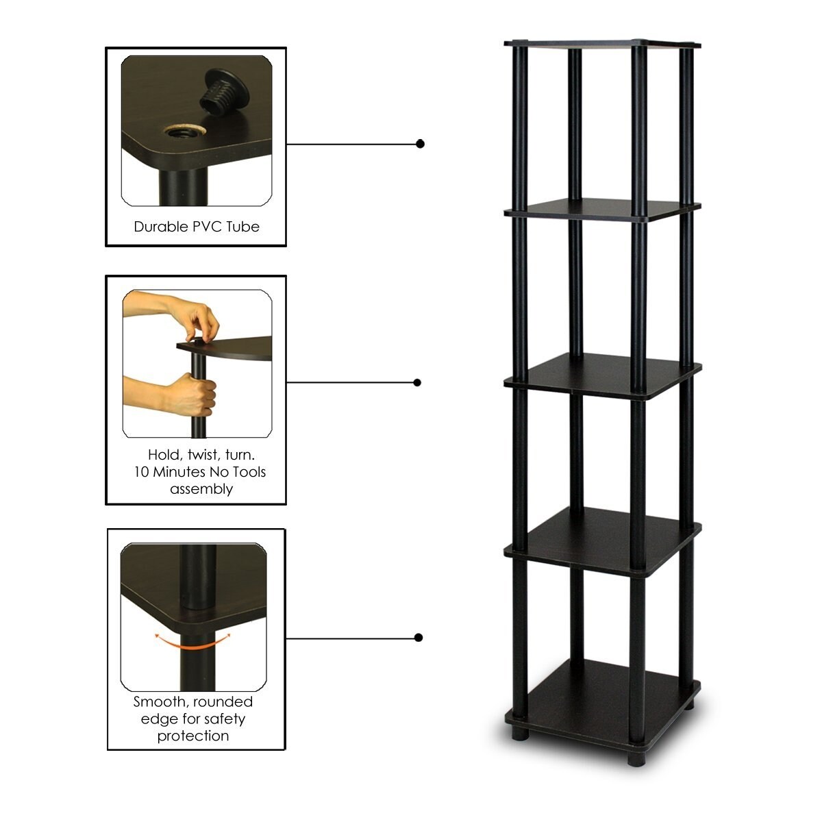 Space-Saving Espresso Black 5-Tier Corner Display Shelf Bookcase for Bathroom and Kitchen Use