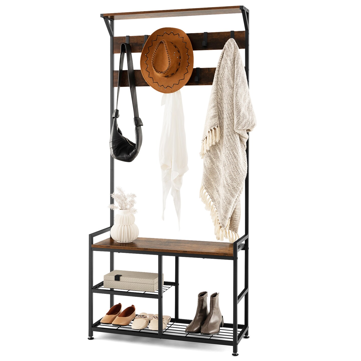 Costway 3-in-1 Coat Rack Industrial Hall Tree Shoe Bench Entryway Storage Shelf with Hooks