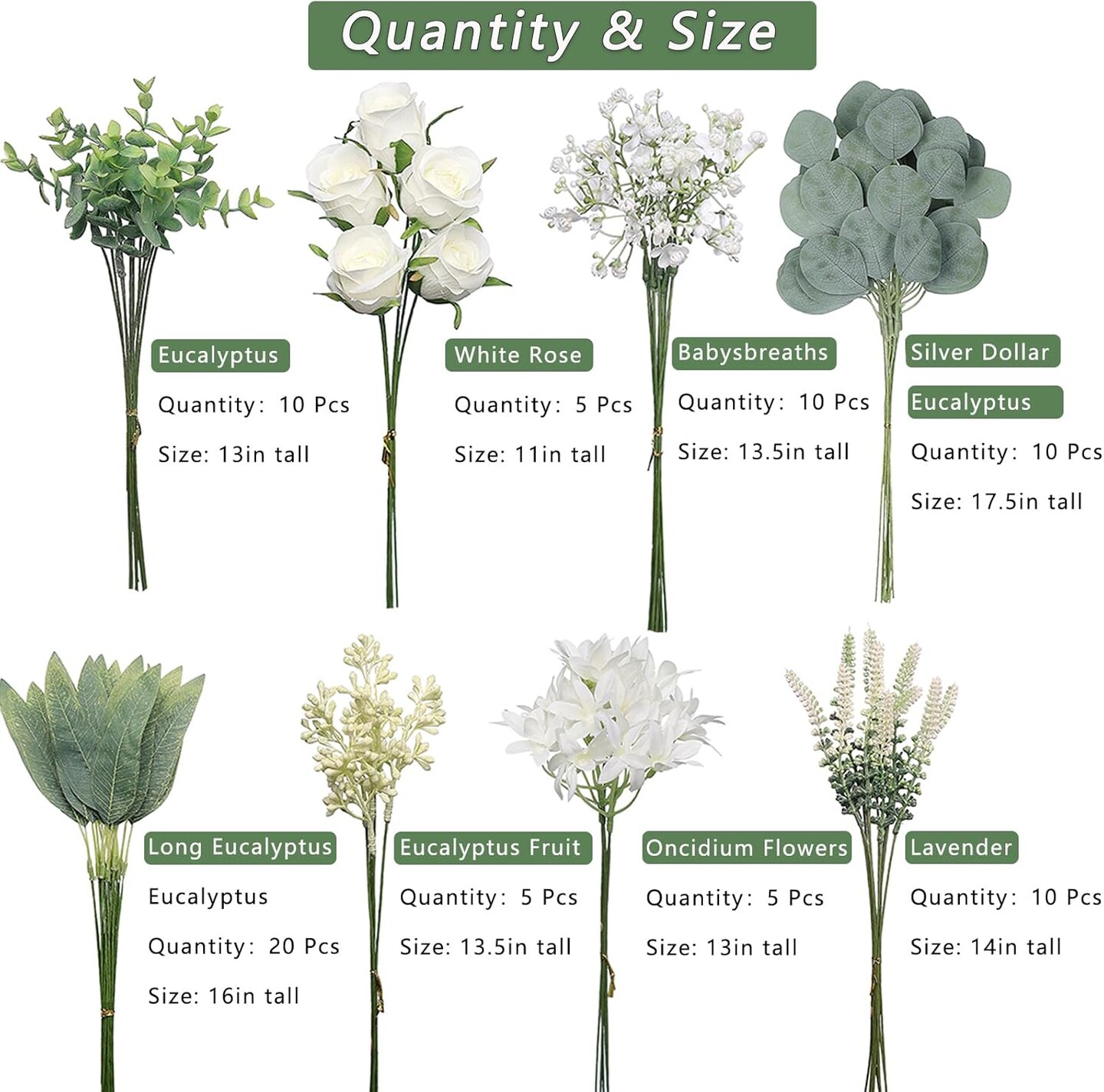 Artificial Greenery Stems Box Set(Pack of 75pcs) with 8 Kinds of Faux Plants and Fake Flowers for DIY Wedding Bouquet Table Centerpieces and Floral Arrangement (White&Green)