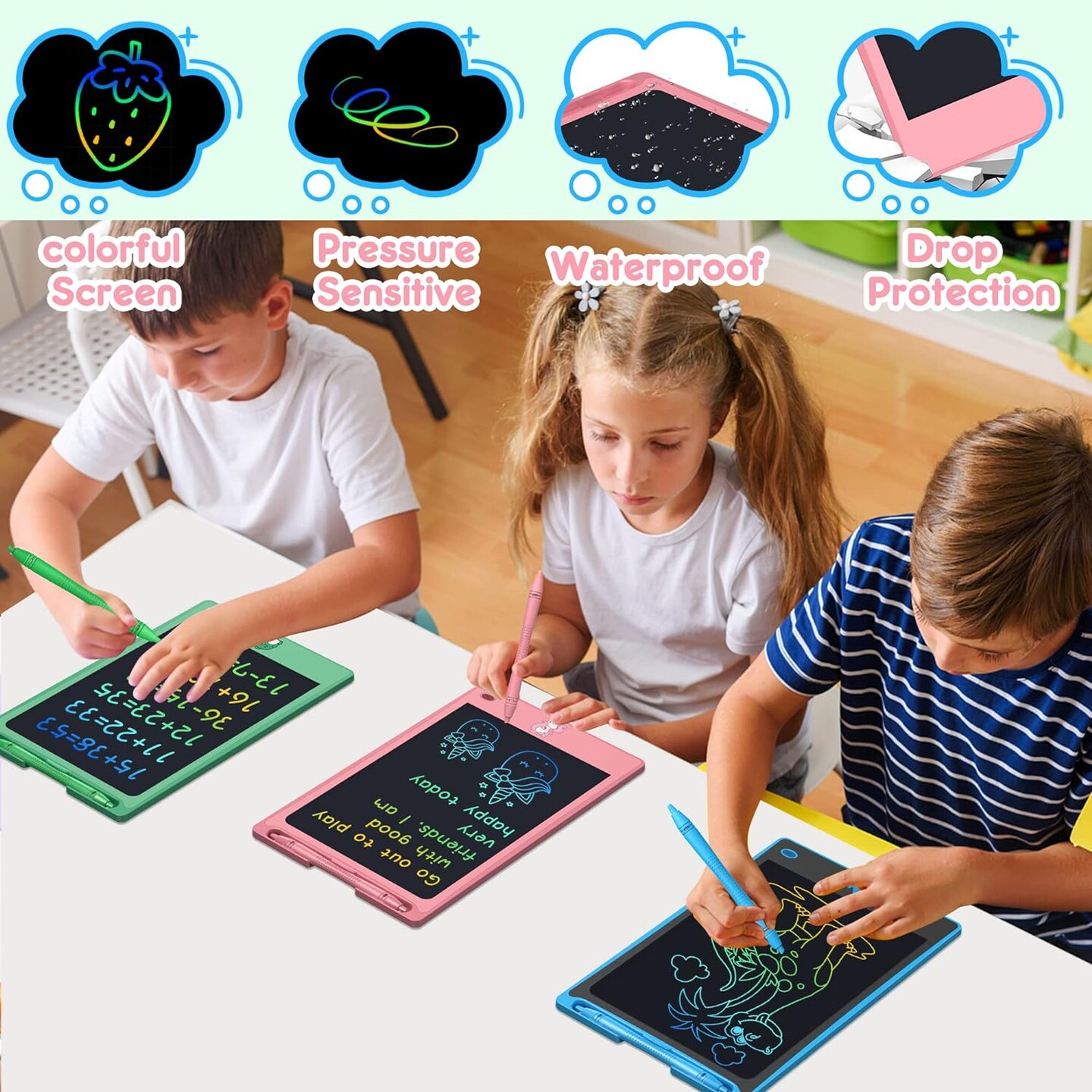 LCD Writing Tablet for Kids – 3 Pack, 8.8 Inch Drawing Pads (Pinkgreenblue)