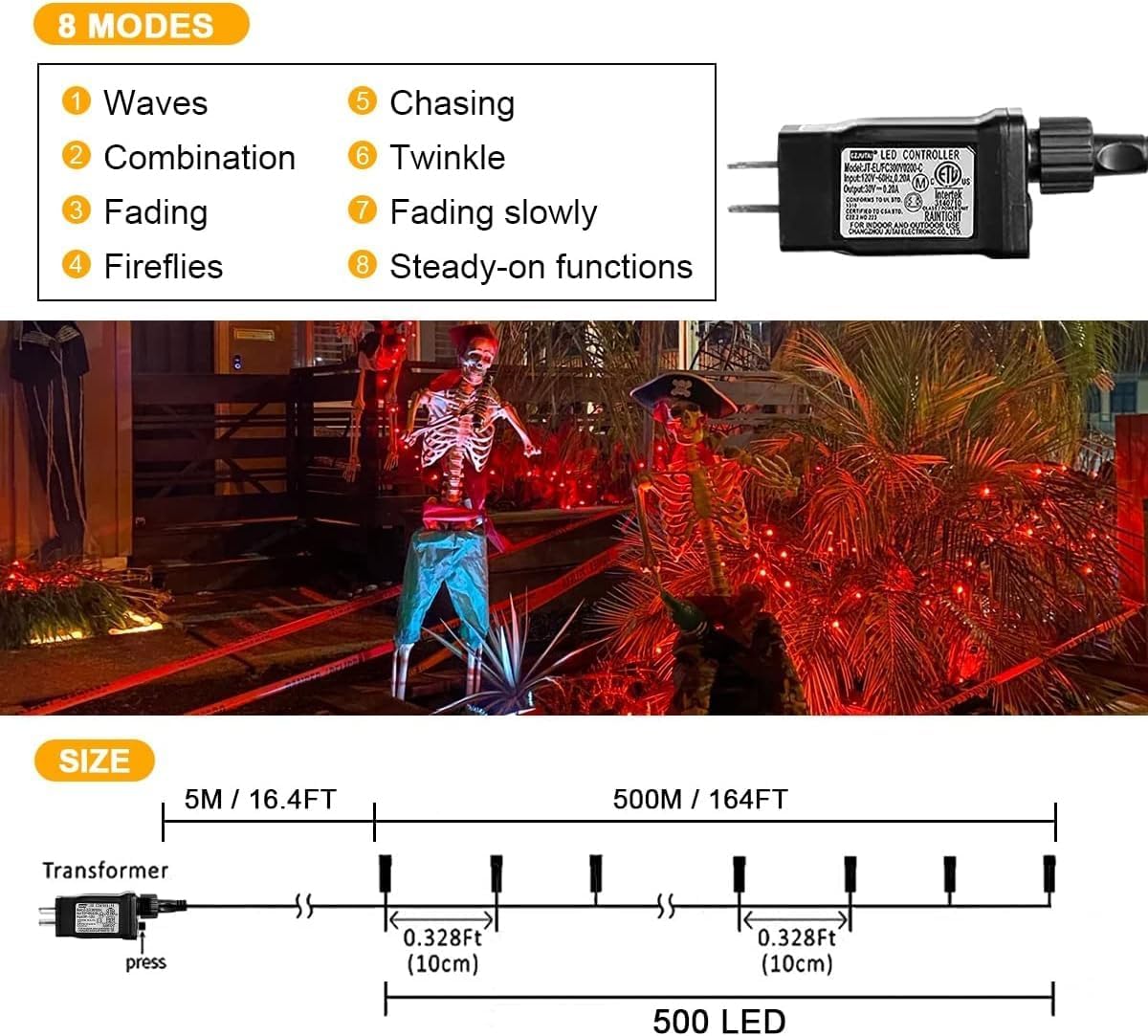 164FT 500 LED Orange Halloween String Lights – 8 Modes, Waterproof, Plug-In, Indoor & Outdoor Decorations (Orange)