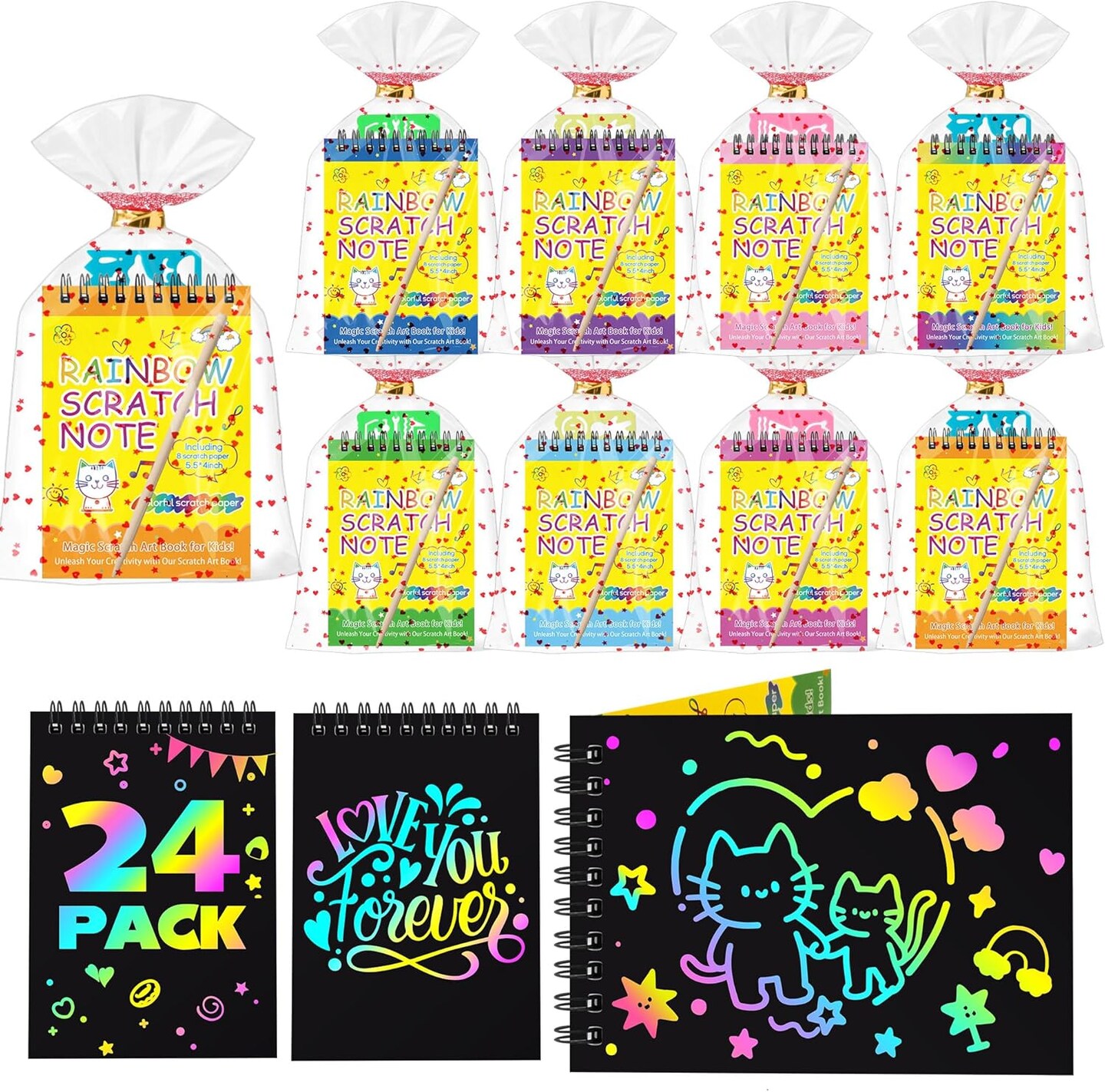 24-Pack Rainbow Scratch Art Party Favors for Kids – Birthday Goodie Bag Gifts, Classroom Prizes, DIY Arts & Crafts Notebooks for Girls & Boys Ages 4-8 (colorful)