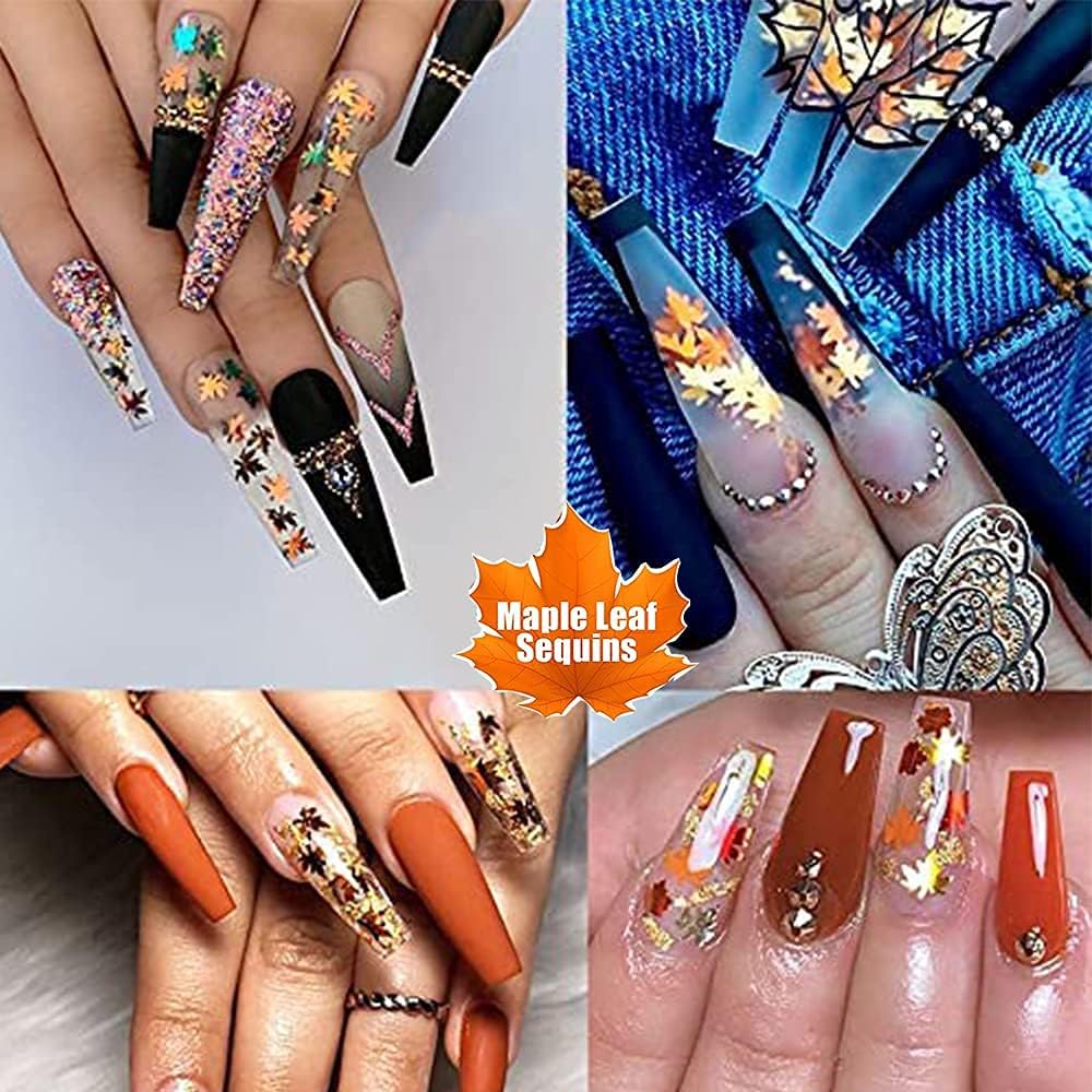 Holographic Glitters Fall Maple Leaf Shaped Nail Art Sequins Flakes 2 Pot