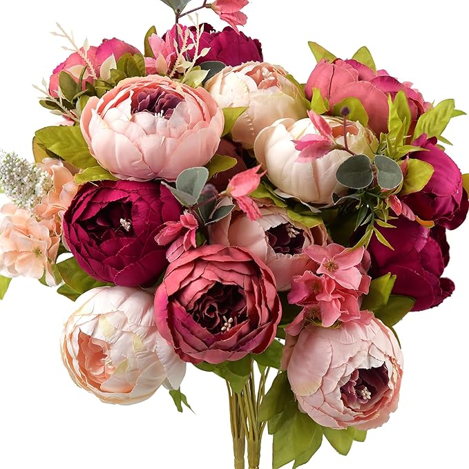 Pinkish Red and Dusty Pink Vintage Artificial Peonies Silk Flowers and Hydrangeas for Wedding Bridal