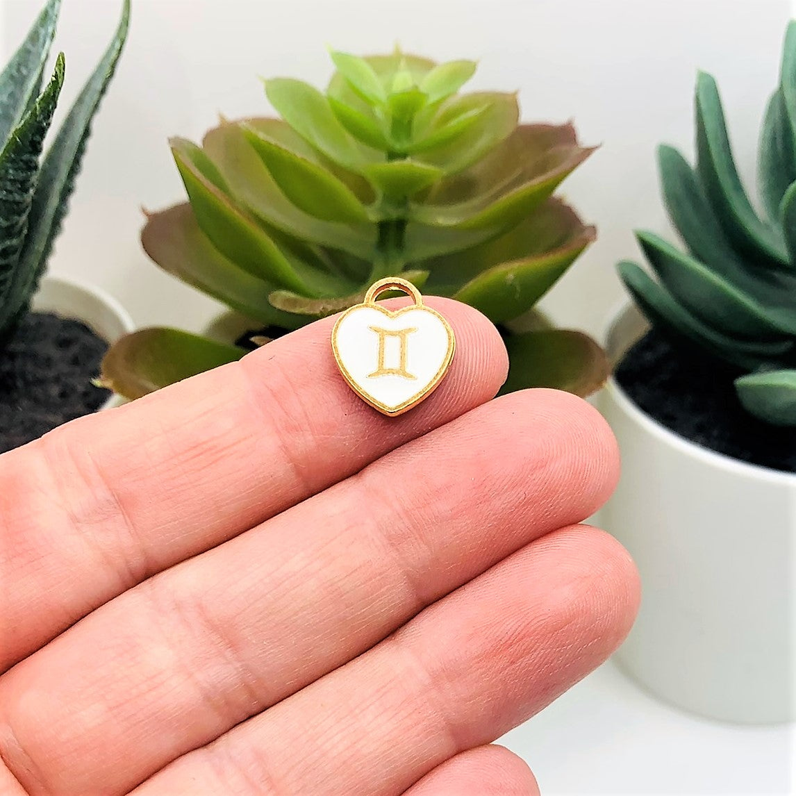 White Enamel and Gold Zodiac/Astrology Heart Charms, 14x12mm