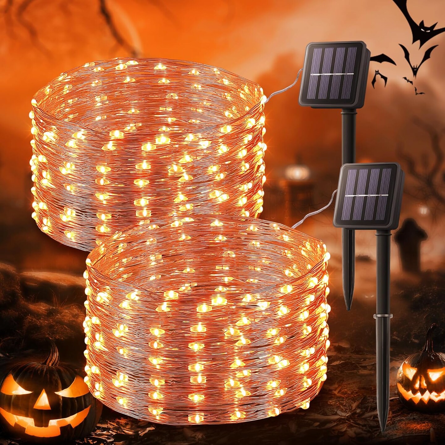 2 Pack 33ft Orange Solar Fairy Lights – 100 LED Outdoor String Lights for Halloween, Thanksgiving, Christmas & Yard Decor (Orange,2pcs)