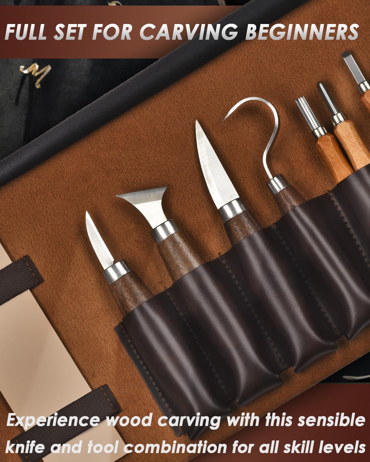 Deluxe Wood Carving & Whittling Kit – Complete Wood Carving Knife Set with Leather Case, Basswood Blocks & Safety Gear – Ideal DIY Craft Gift for Beginners, Adults, Teens & Kids (Brown)