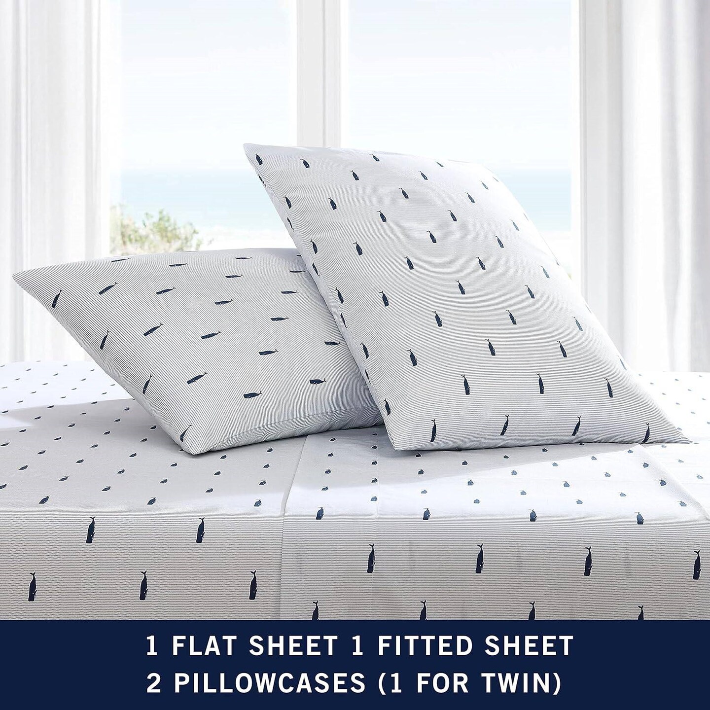 Navy Blue Cotton Percale Striped Sheet Set with Pillowcases and Fitted Sheet