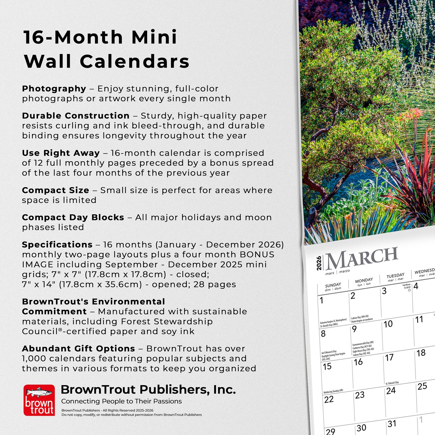 Gardens | 2026 7 x 14 Inch (Hanging) Monthly Mini Wall Calendar