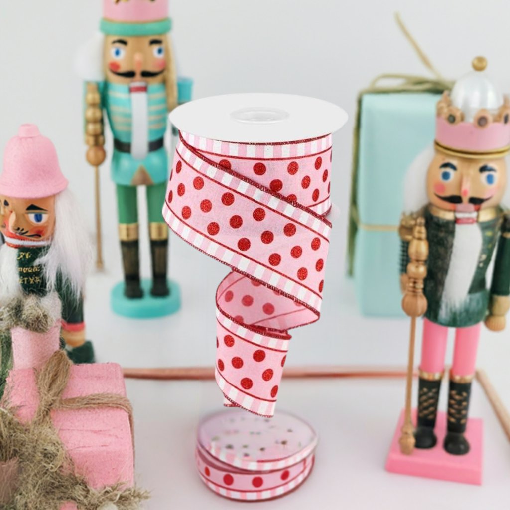 2.5&#x22; Glitter Stripes Polka Dot Ribbon: Red &#x26; Pink (10 Yards)