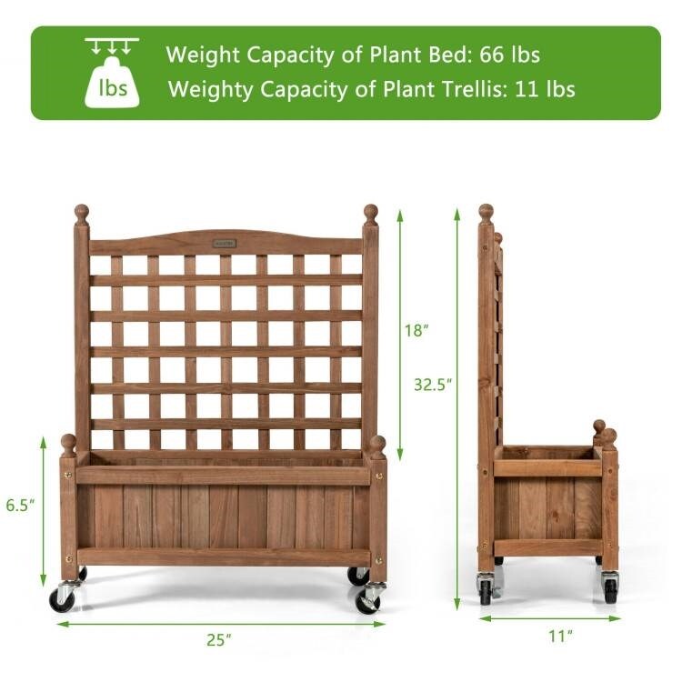 Dark Brown Fir Wood Plant Trellis Planter with Lockable Wheels and Deep 6.5" Planting Bed
