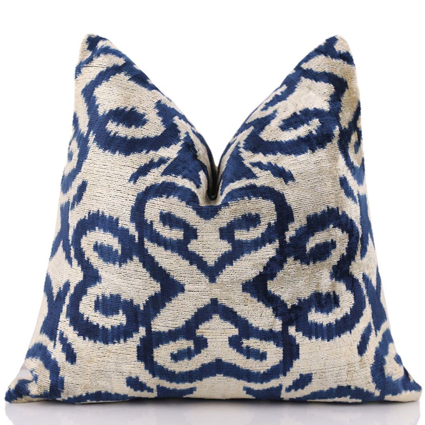 Indigo Ikat Velvet Pillow Handmade 16x16 Square Accent Cushion