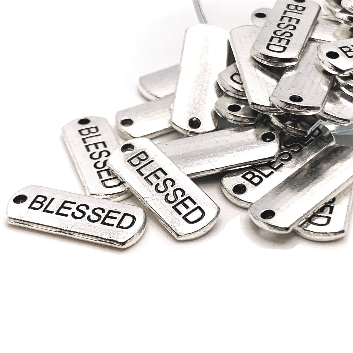 Silver Blessed Word Bar Tag Charms, 8x21mm