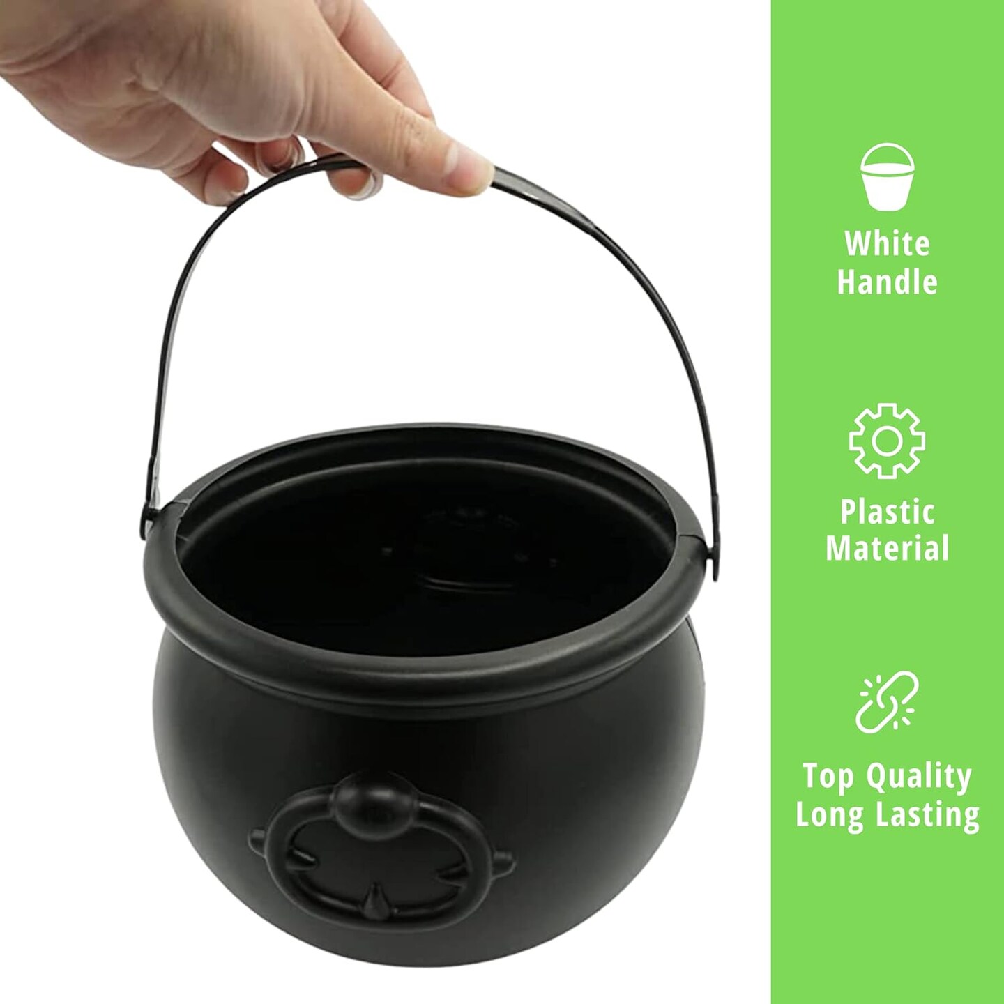 4E’s Novelty 7.5" Black Plastic Cauldron Candy Bowl – Large Halloween Witch Pot Bucket for Trick or Treat, Party Table Centerpiece, St. Patrick’s Day Pot of Gold, Leprechaun Decor, Wizard Accessory