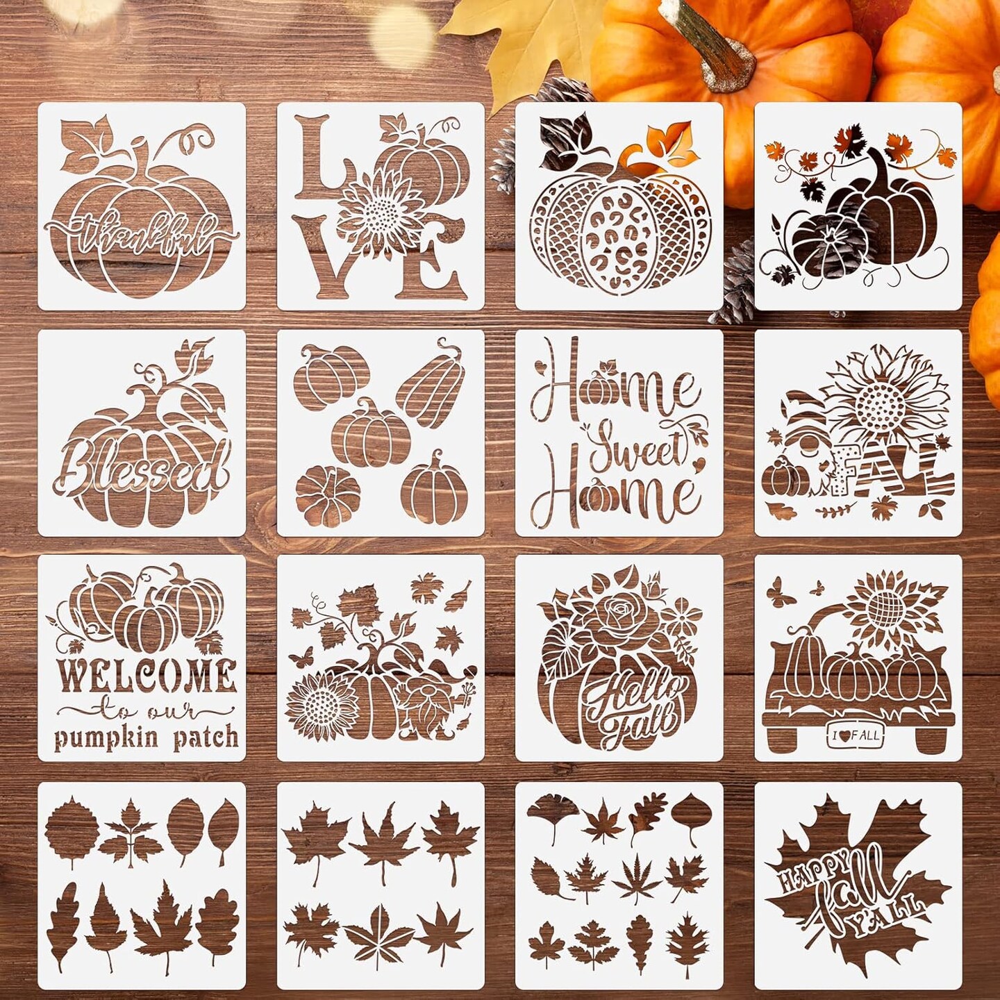 16 Pcs Fall Pumpkin Templates - Reusable Maple Leaf Stencils for Wood
