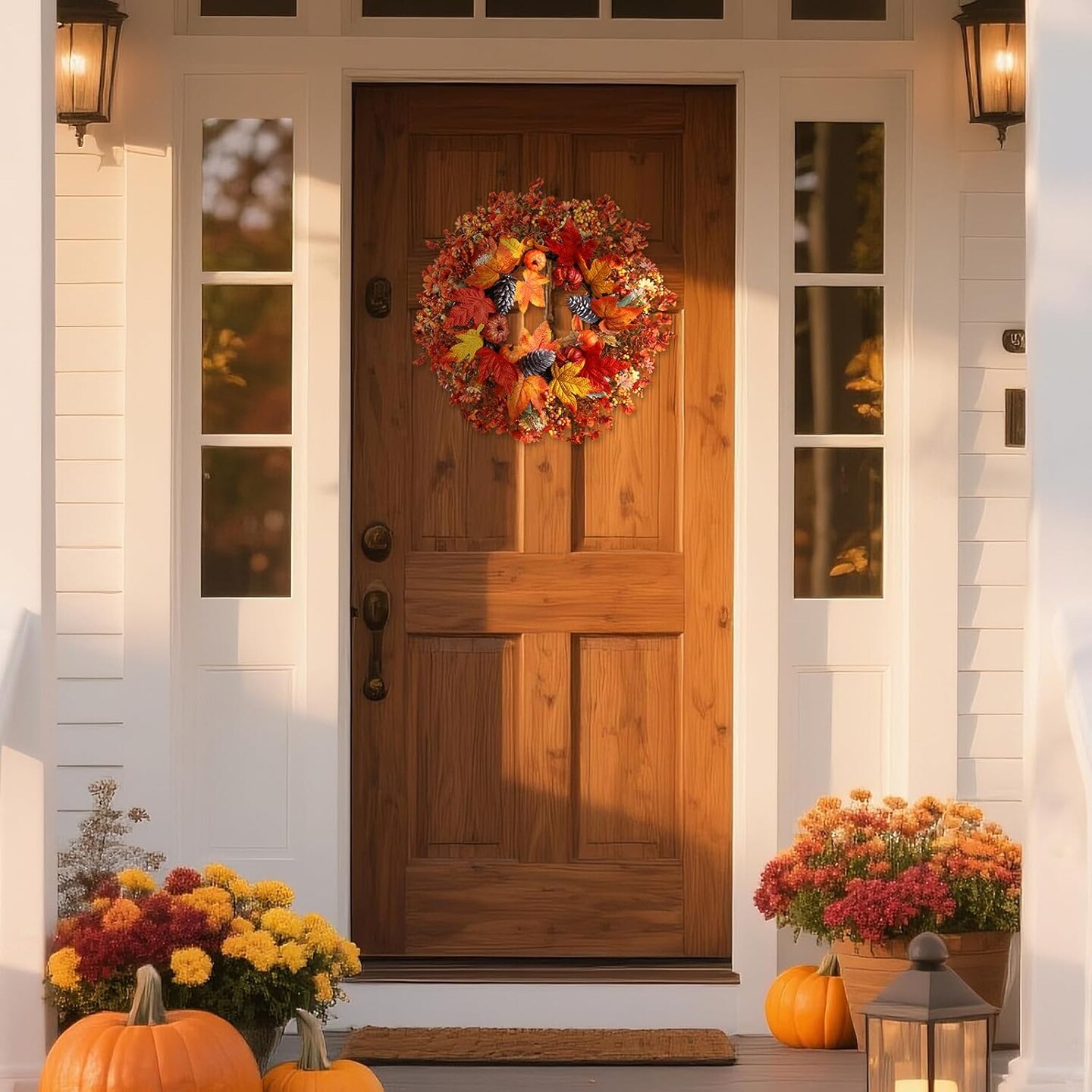 Fall Wreath with Pumpkin Maple Leaves Pine Cone Berries