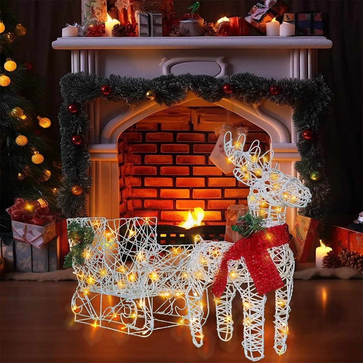 Holiday LED Brown Reindeer with Sleigh, Warm White Twinkling Christmas Lights