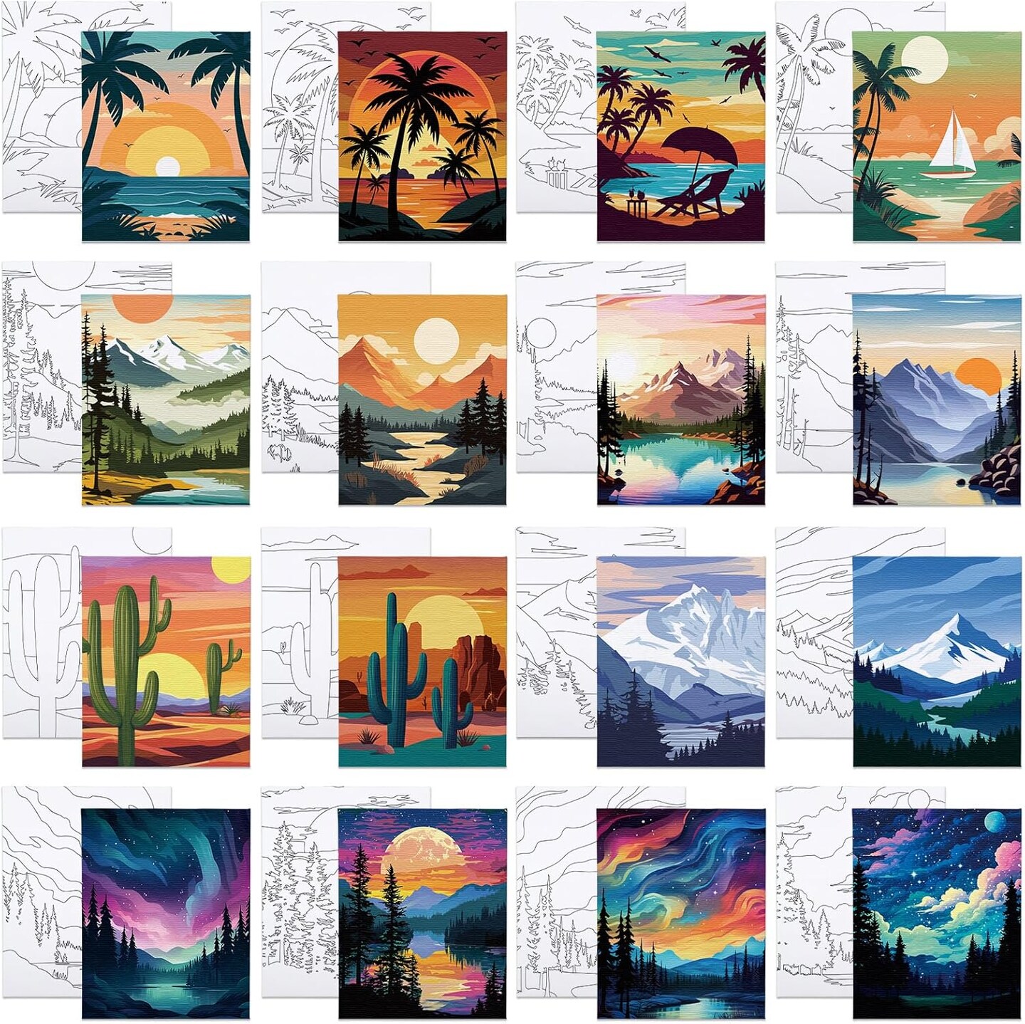 16-Pack 8x10 in Pre Drawn Canvas Painting Kit for Kids & Adults – Sip & Paint Party Supplies, Pre-Printed DIY Art Canvases for Girls’ Night, Date Night, and Painting Parties