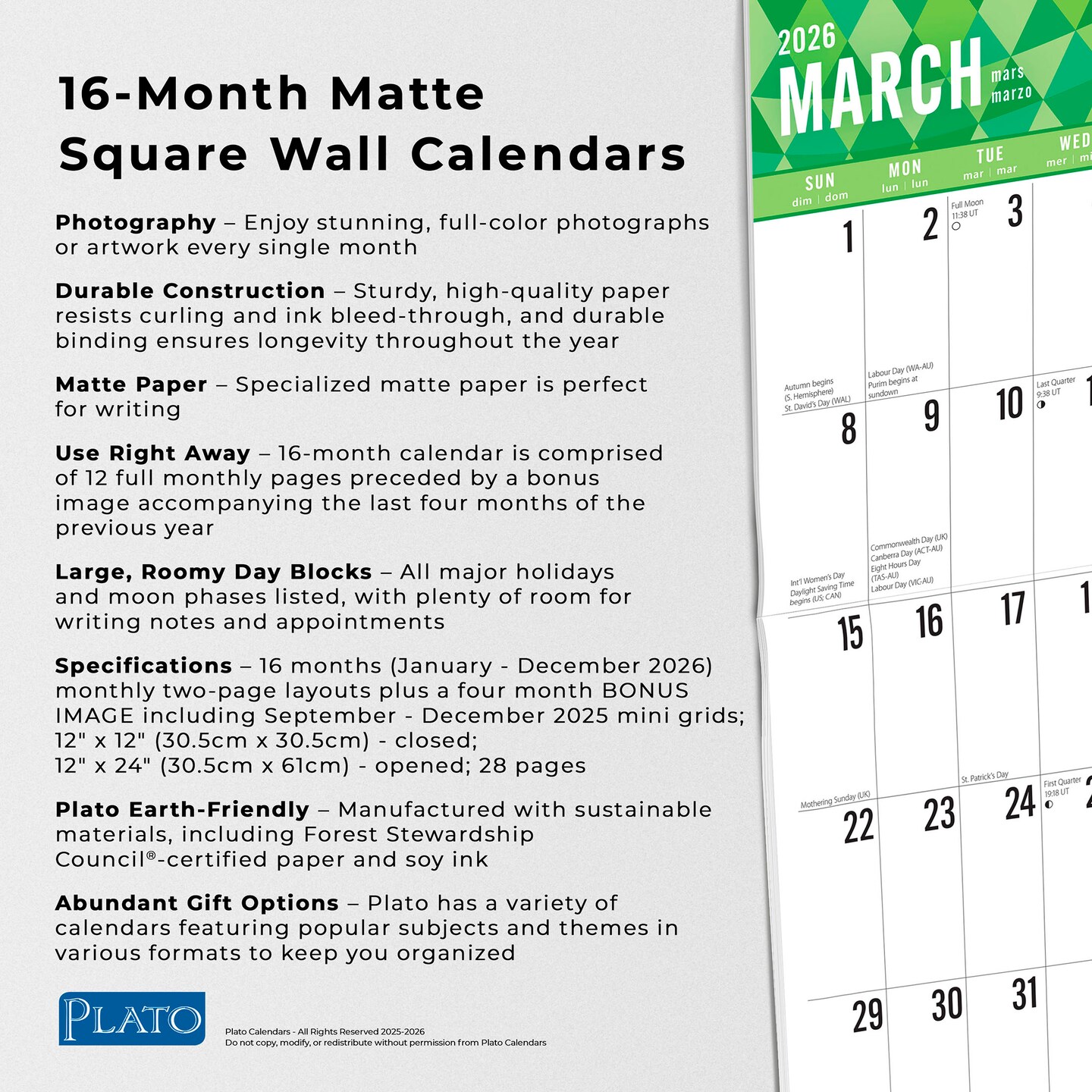 Jumbo Grid Large Print | 2026 12 x 24 Inch (Hanging) Monthly Square Wall Calendar | Matte Paper and Foil Stamped Cover