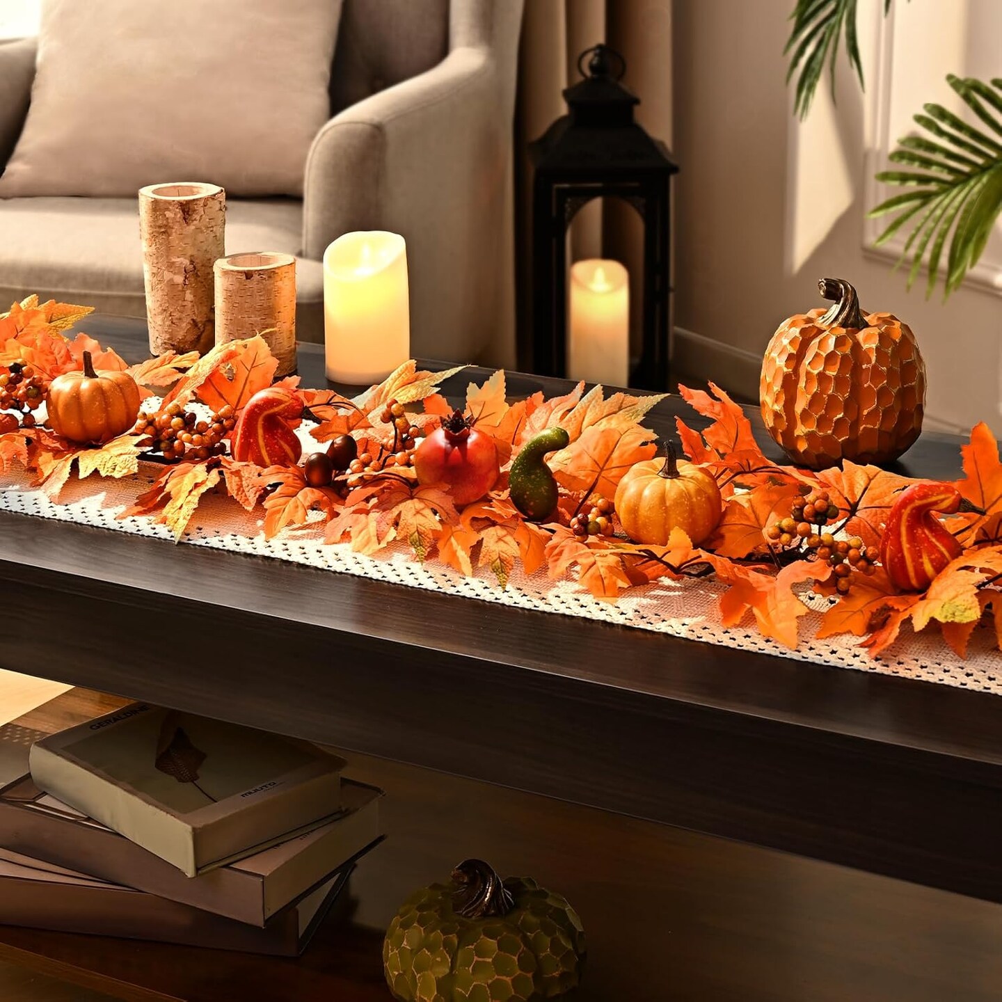 Fall Garland with Lights Autumn Garland with Pomegranate Pumpkin - Orange