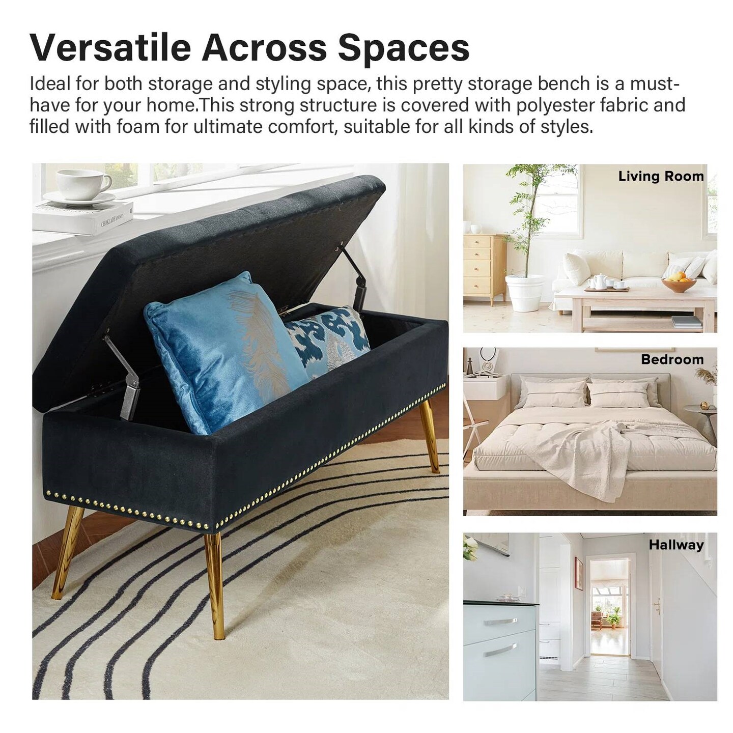 Upholstered Velvet Storage Bench with Tufted Seat and Gold Metal Legs