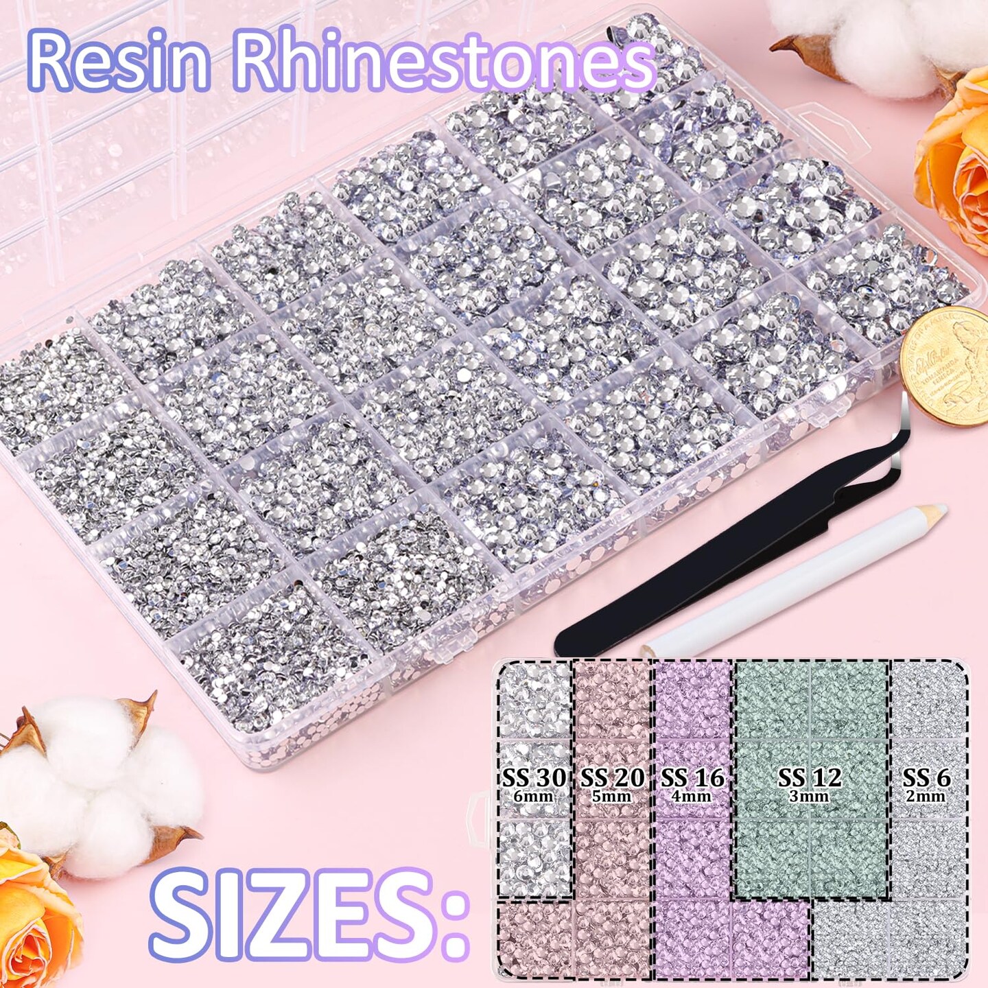 30000Pcs Flatback Resin Rhinestones with Tweezers and 3Pcs 10ml B7000 Glue - Silver Clear