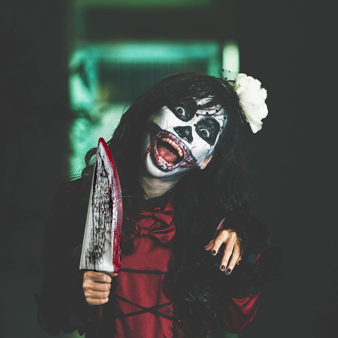 4E’s Novelty Large 16.5" Fake Knife with Bloody Effect – Plastic Halloween Prop Knife for Scary Clown, Michael Myers, Chucky, Zombie Costumes – Safe for Kids & Adults, Realistic Look, Lightweight Toy