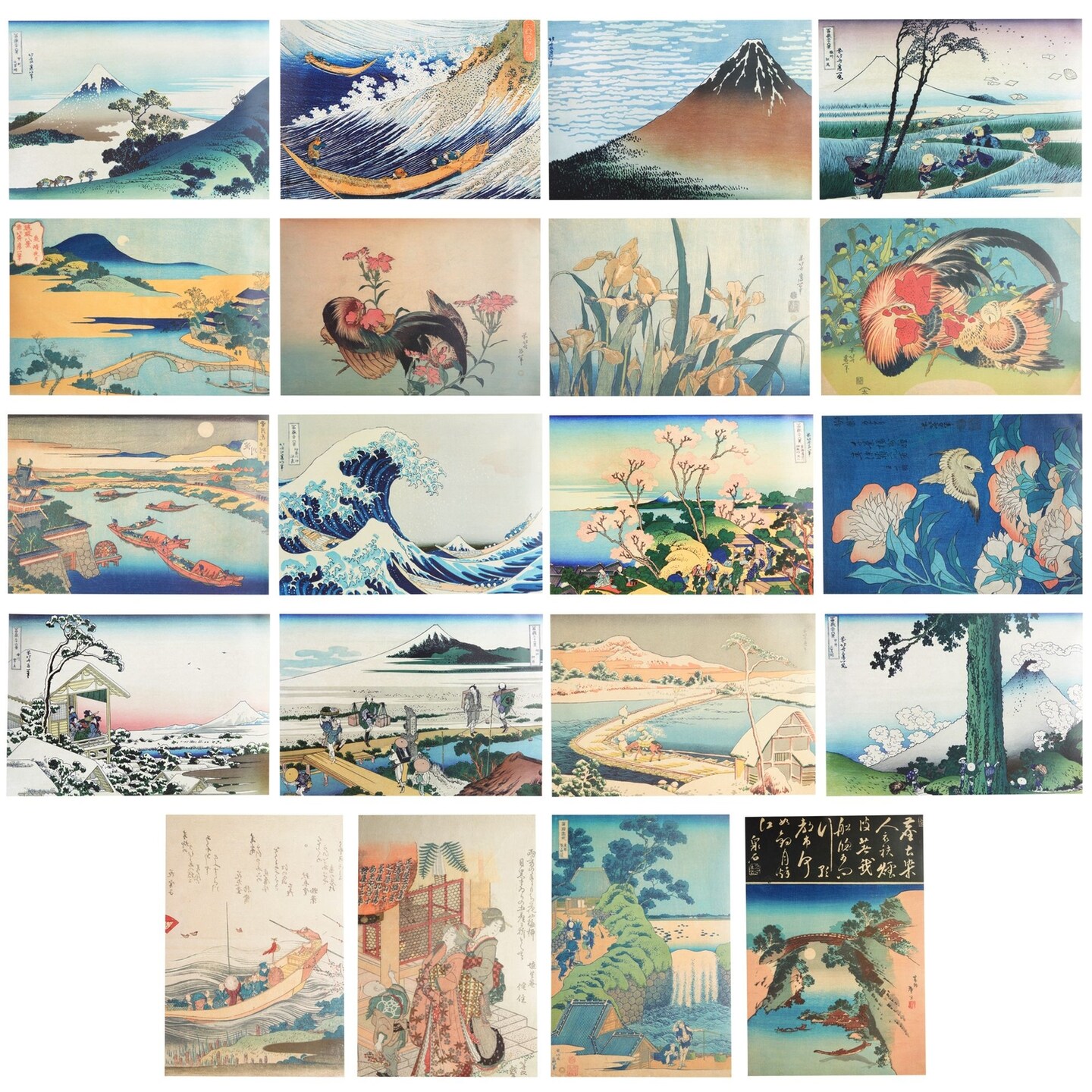 20-Pack Katsushika Hokusai Art Posters, Matte Lamination, Features The Great Wave, Thirty-Six Views of Mount Fuji, Cherry Blossom Festival, Peonies and Canary (13x19 in)